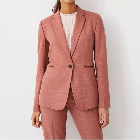 Ann Taylor The One Button Blazer in Crosshatch in Romantic Rouge - Picture 1 of 8